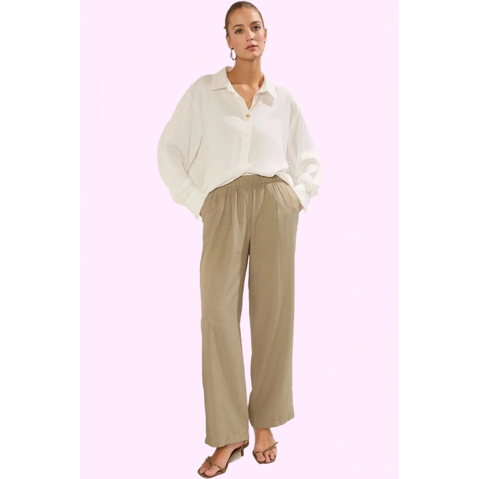 Kadın Yüksek Bel Geniş Paça Dokuma Pantolon Keten Görünümlü Polyester Yaz Günlük Kombinler