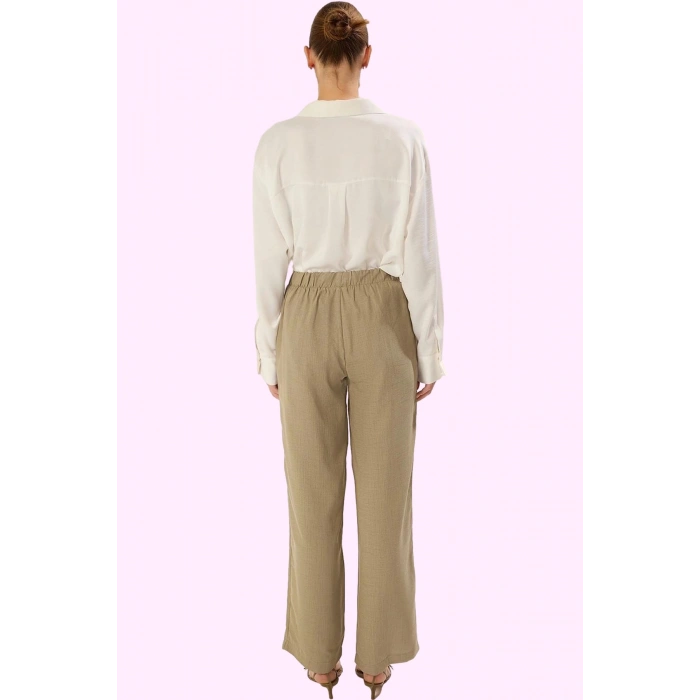 Kadın Yüksek Bel Geniş Paça Dokuma Pantolon Keten Görünümlü Polyester Yaz Günlük Kombinler
