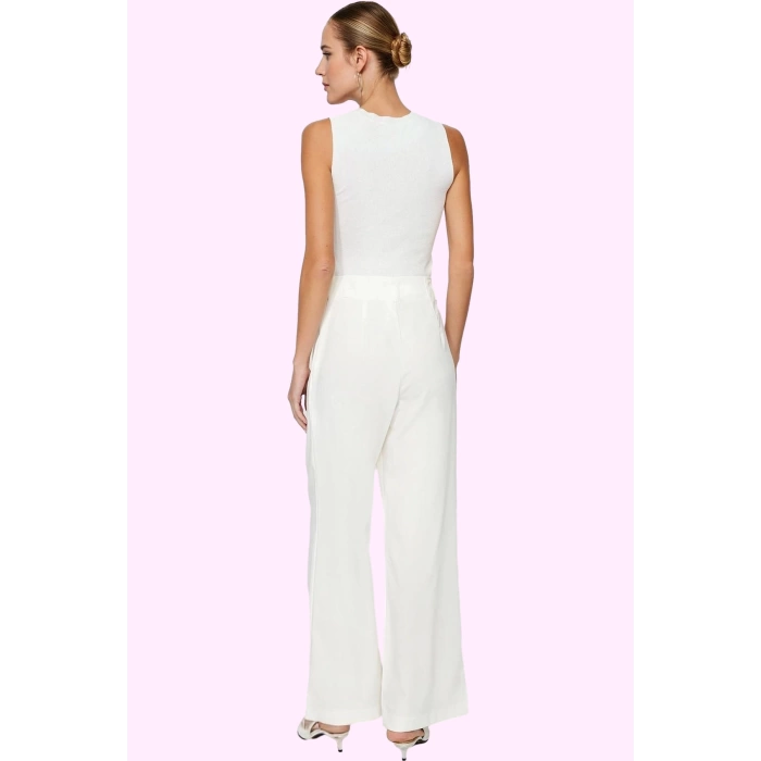 Kadın Yüksek Bel Geniş Paça Pantolon Polyester Dokuma Kumaş Günlük Şıklık Kaliteli Malzeme