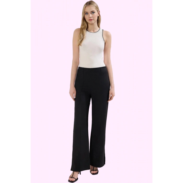 Kadın Yüksek Bel Geniş Paça Pantolon Wide Leg İnterlok Yazlık Günlük Şıklık Modern Tasarım