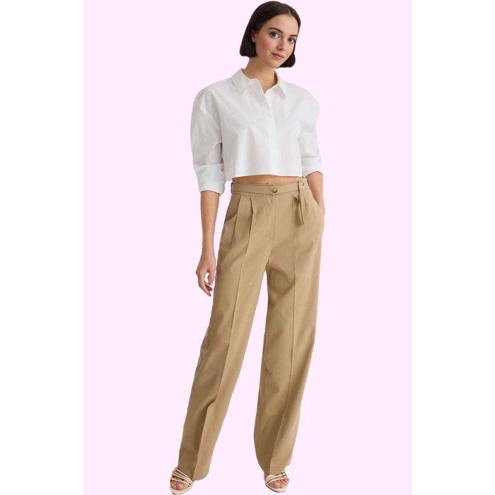 Kadın Yüksek Bel Geniş Paça Straight Pantolon Düz Desen Astarsız Yaz Aylarının Vazgeçilmezi