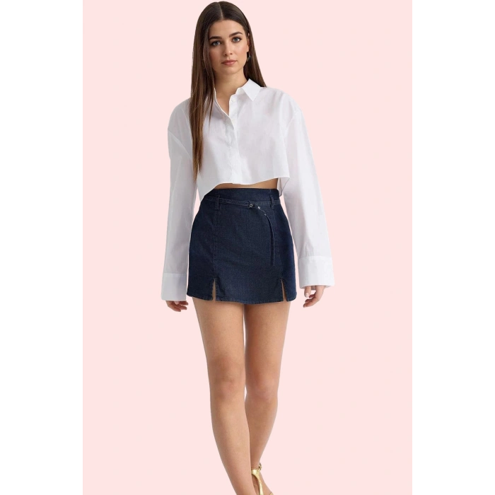 Kadın Yüksek Bel Kemerli Denim Şort Etek Boru Paça Düz Desen Günlük Stil Dayanıklı Malzeme