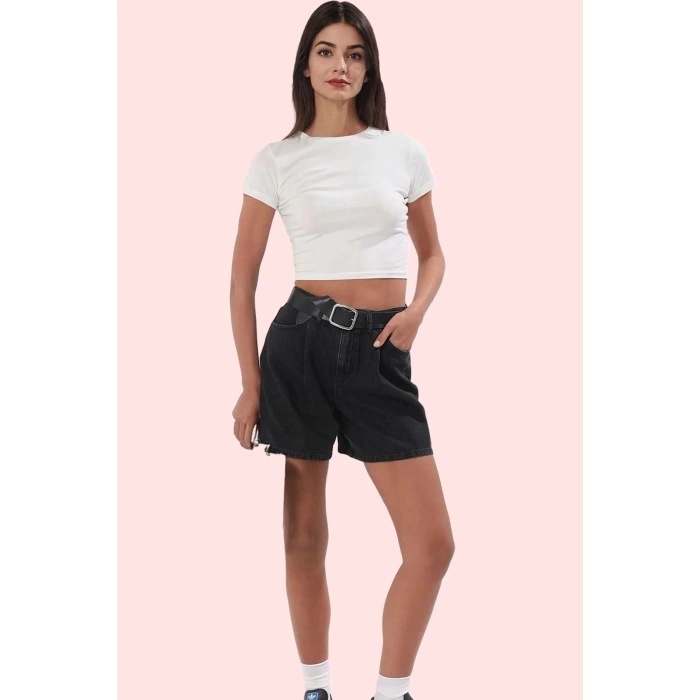 Kadın Yüksek Bel Pileli Denim Bermuda Şort Pamuk Yaz Aylarının Vazgeçilmezi Günlük Kullanım