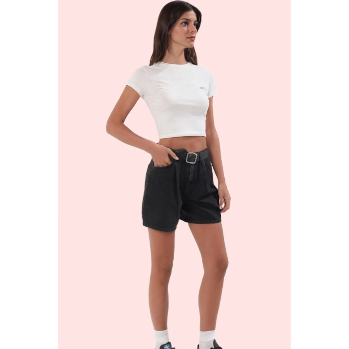 Kadın Yüksek Bel Pileli Denim Bermuda Şort Pamuk Yaz Aylarının Vazgeçilmezi Günlük Kullanım