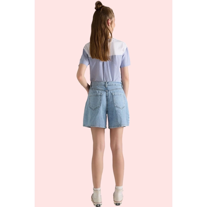Kadın Yüksek Bel Pileli Denim Bermuda Şort Pamuk Yaz Aylarının Vazgeçilmezi Günlük Kullanım