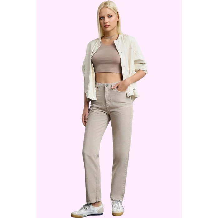 Kadın Yüksek Bel Straight Fit Pantolon Pamuk Gabardin Kumaş Günlük Kullanım Modern Tasarım