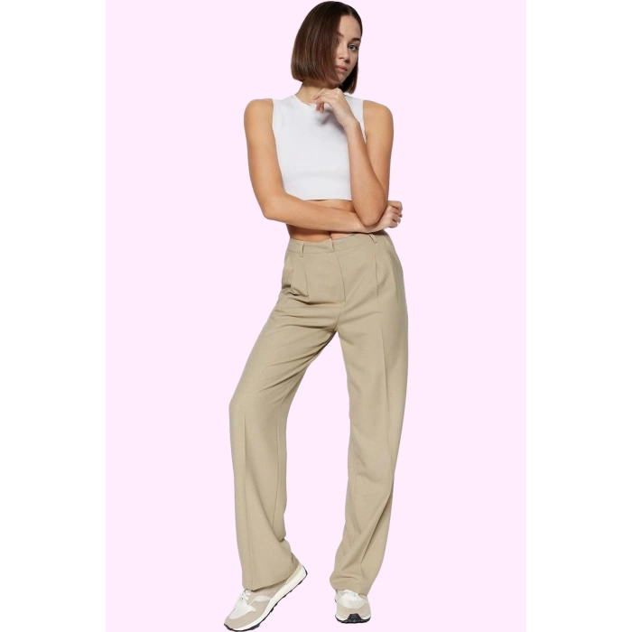 Kadın Yüksek Bel Straight Pantolon Düz Desen İş Ve Günlük Kullanıma Uygun Kaliteli Malzeme