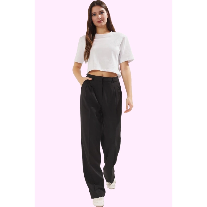Kadın Yüksek Bel Straight Pantolon Düz Desen İş Ve Günlük Kullanıma Uygun Kaliteli Malzeme