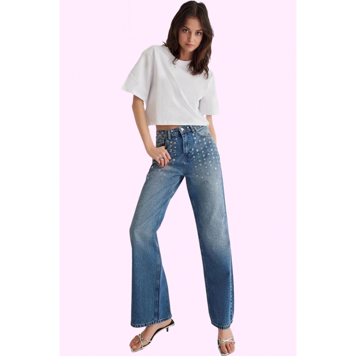Kadın Yüksek Bel Wide Leg Jean Kuşgözü Detaylı Pamuklu Günlük Stil Yaz Aylarının Vazgeçilmezi
