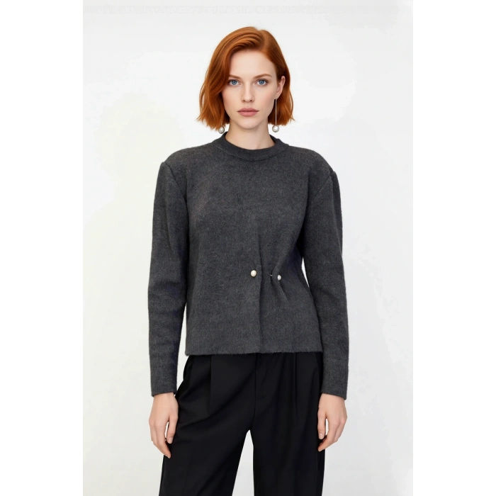 Kadın Yumuşak Dokulu Regular Triko Kazak Bisiklet Yaka Uzun Kollu İnci Detaylı Kış Stili Kaliteli