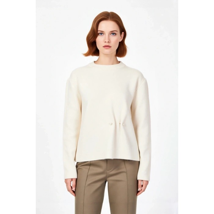 Kadın Yumuşak Dokulu Regular Triko Kazak Bisiklet Yaka Uzun Kollu İnci Detaylı Kış Stili Kaliteli