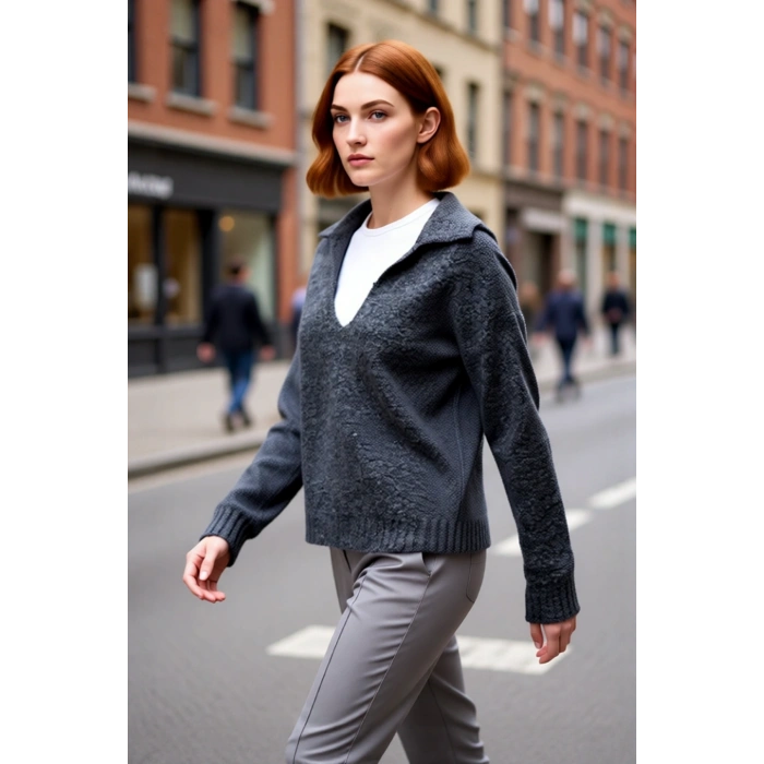 Kadın Yumuşak Dokulu Triko Kazak Oversize Kesim Standart Kol Apaş Yaka İle Modern Kışlık Şıklık