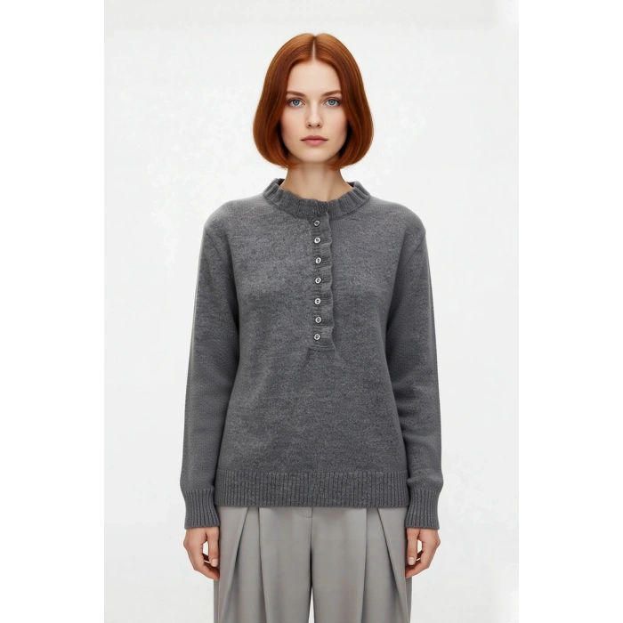 Kadın Yumuşak Dokulu Triko Kazak Regular Kalıp Uzun Kollu Bisiklet Yaka Detaylı Günlük Giyim Şıklığı