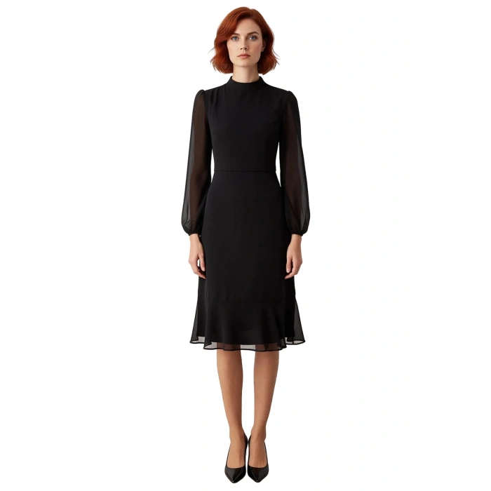 Kadın Zarif A Kesim Uzun Kollu Dik Yaka Astarlı Şifon Dokuma Midi Boy Düz Elbise Kaliteli Şık