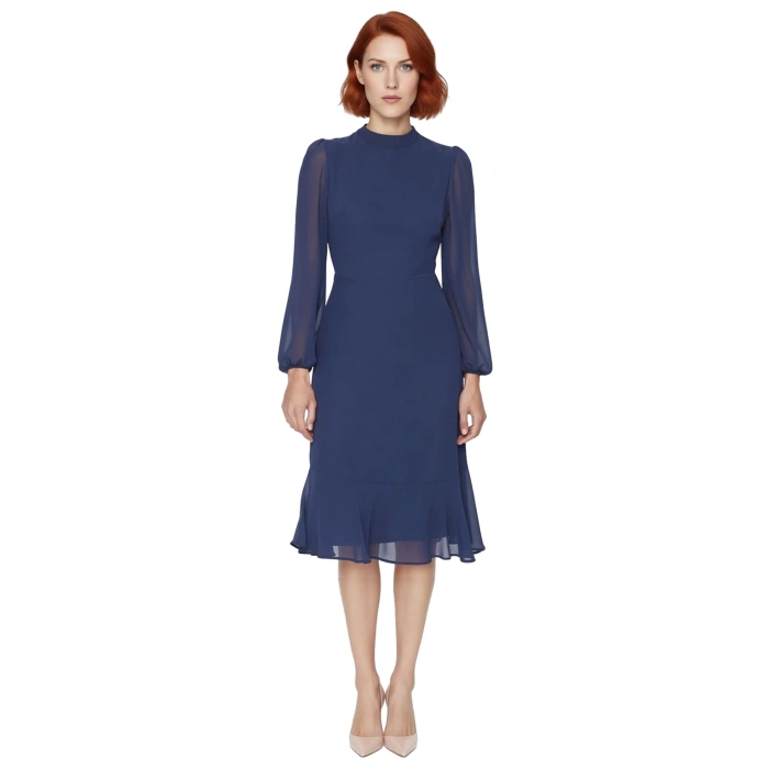 Kadın Zarif A Kesim Uzun Kollu Dik Yaka Astarlı Şifon Dokuma Midi Boy Düz Elbise Kaliteli Şık