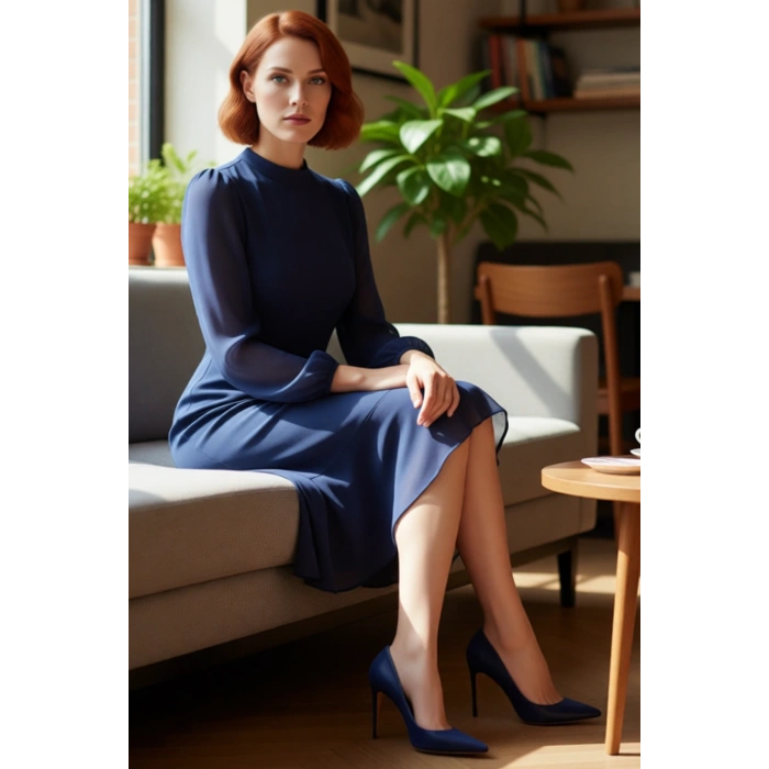 Kadın Zarif A Kesim Uzun Kollu Dik Yaka Astarlı Şifon Dokuma Midi Boy Düz Elbise Kaliteli Şık