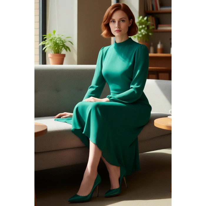 Kadın Zarif A Kesim Uzun Kollu Dik Yaka Astarlı Şifon Dokuma Midi Boy Düz Elbise Kaliteli Şık