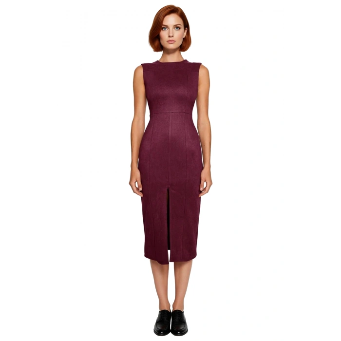 Kadın Zarif Bodycon Süet Dokuma Midi Elbise Kolsuz Bisiklet Yaka Düz Kesim Modern Şıklık Sunar.