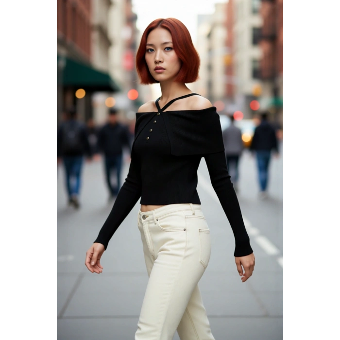 Kadın Zarif Carmen Yaka Askılı Tasarım Fitted Triko Kazak Düz Desenli Uzun Kollu Çok Yönlü Kombin