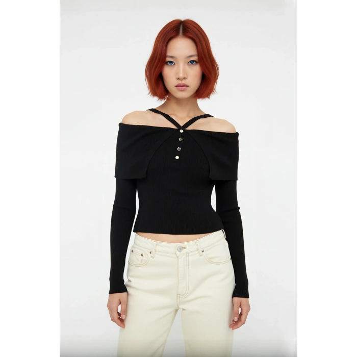 Kadın Zarif Carmen Yaka Askılı Tasarım Fitted Triko Kazak Düz Desenli Uzun Kollu Çok Yönlü Kombin