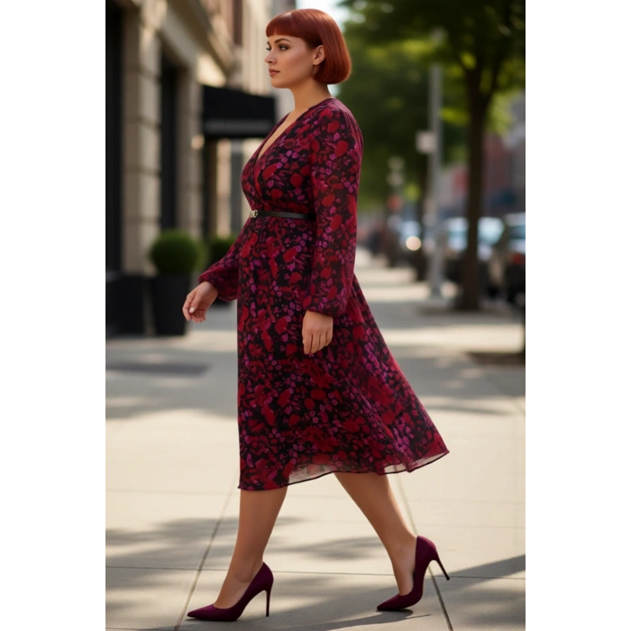 Kadın Zarif Çiçekli Kruvaze Midi Elbise Şifon Dokuma Kemerli V Yaka Balon Kol İlkbahar Sonbahar