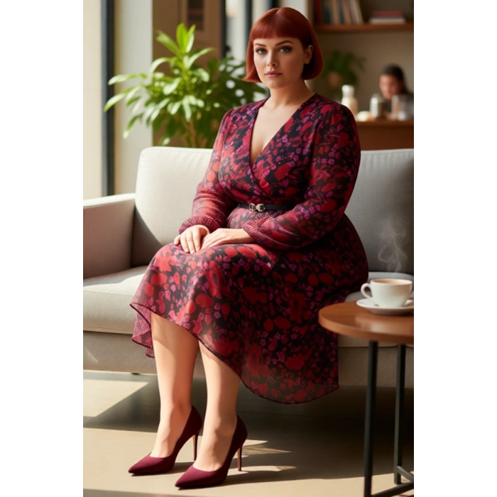 Kadın Zarif Çiçekli Kruvaze Midi Elbise Şifon Dokuma Kemerli V Yaka Balon Kol İlkbahar Sonbahar