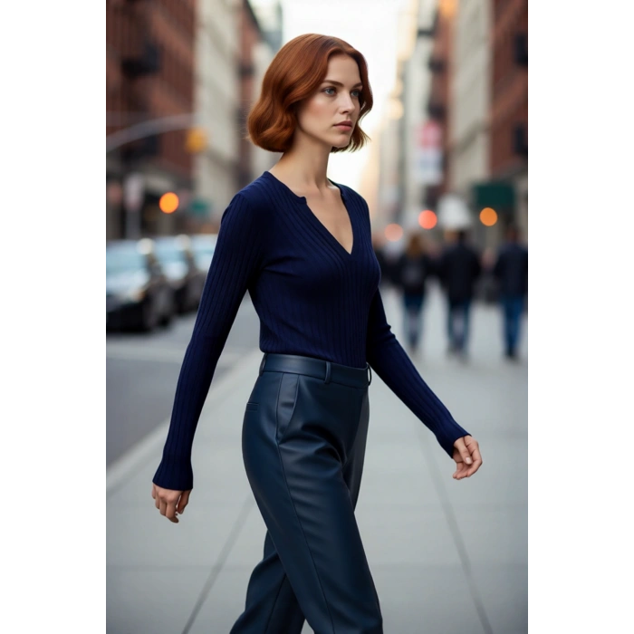 Kadın Zarif Fitilli İnce Triko Kazak Kaçık Yaka Detaylı Uzun Kollu Rahat Ve Şık İlkbahar Sonbahar