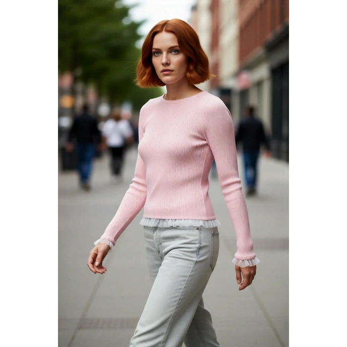 Kadın Zarif Fitted Triko Pembe Tül Detaylı Uzun Kollu Bisiklet Yaka Sonbahar Kazak Kaliteli