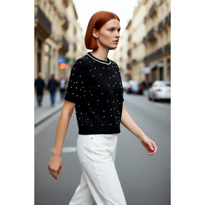 Kadın Zarif İnci Taş İşlemeli Bisiklet Yaka Kısa Kol Crop Triko Kazak Günlük Şıklık ve Rahatlık