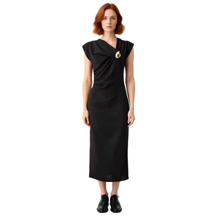 Kadın Zarif Midi Dokuma Elbise Krep Kumaş Degaje Yaka Aksesuarlı Özel Günlere Uygun Shift Kesim