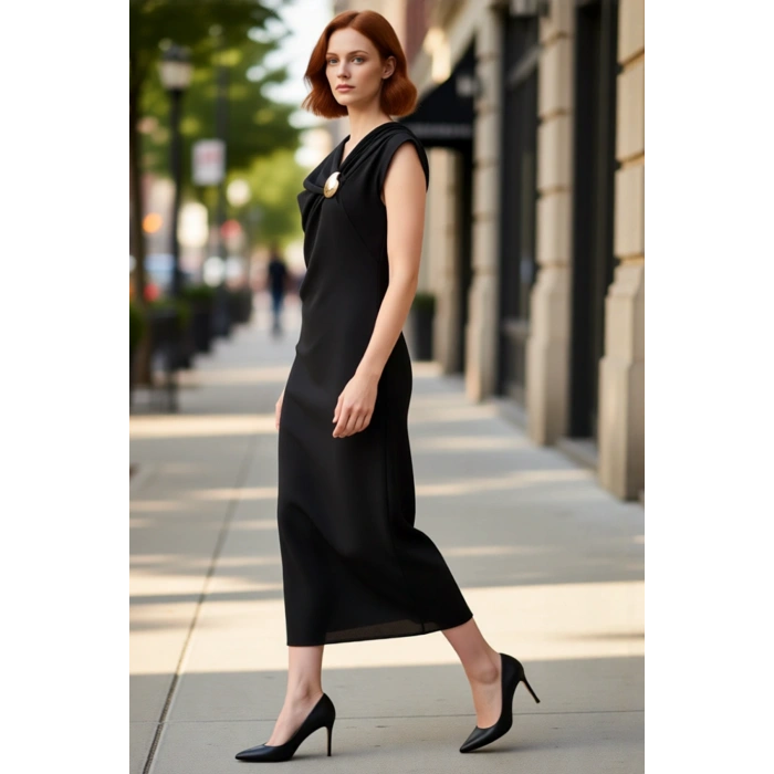 Kadın Zarif Midi Dokuma Elbise Krep Kumaş Degaje Yaka Aksesuarlı Özel Günlere Uygun Shift Kesim