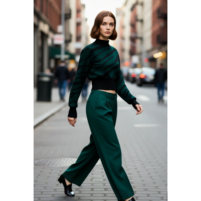 Kadın Zebra Desenli Dik Yaka Regular Kalıp Crop Triko Kazak Soğuk Günlerin Şık Seçimi Kaliteli