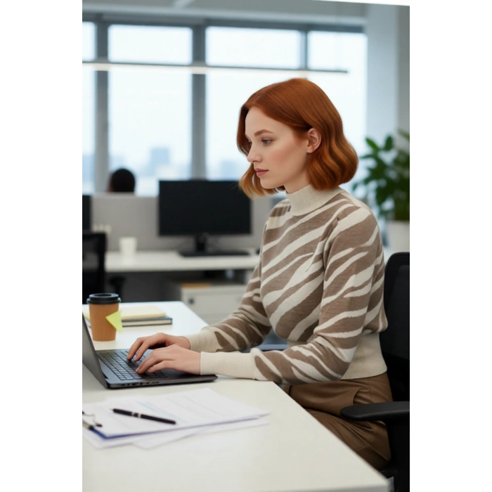 Kadın Zebra Desenli Dik Yaka Regular Kalıp Crop Triko Kazak Soğuk Günlerin Şık Seçimi Kaliteli
