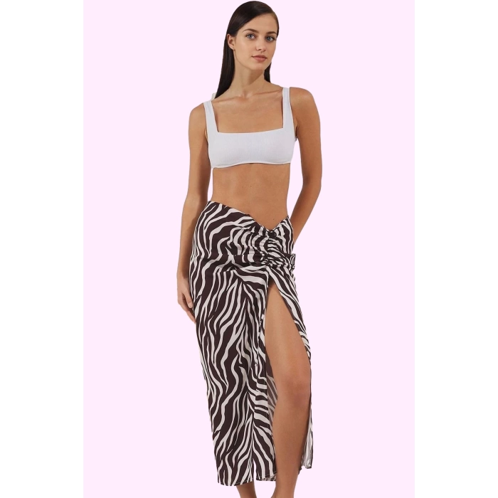Kadın Zebra Desenli Maxi Etek Büzgü Detay Viskoz Yazlık Plaj Günlük Kullanım Modern Tasarım