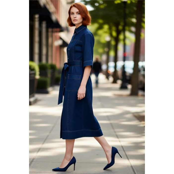 Kadınlar İçin %100 Pamuk Mavi Denim Kemerli Maxi Elbise Gömlek Yaka Kısa Kollu Şık ve Konforlu