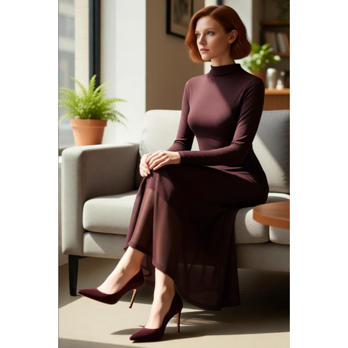 Kadınlar İçin A Kesim Dik Yaka Uzun Kollu Örme Midi Elbise Şık Ve Konforlu Giyim Deneyimi Kaliteli