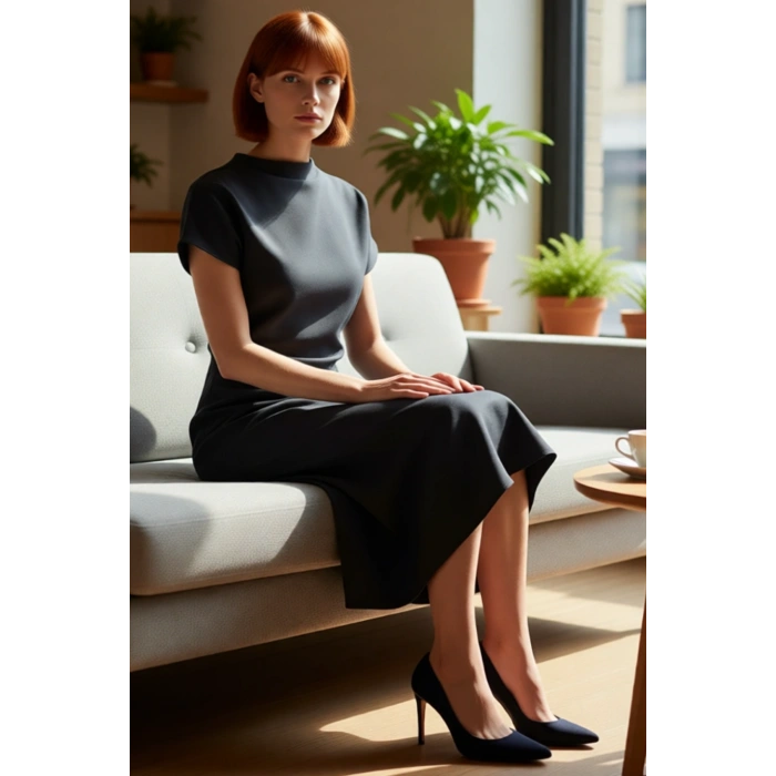 Kadınlar İçin A Kesim Düz Desen Midi Elbise Düşük Kol Ve Büzgü Detaylı Finike Dokuma Zarif