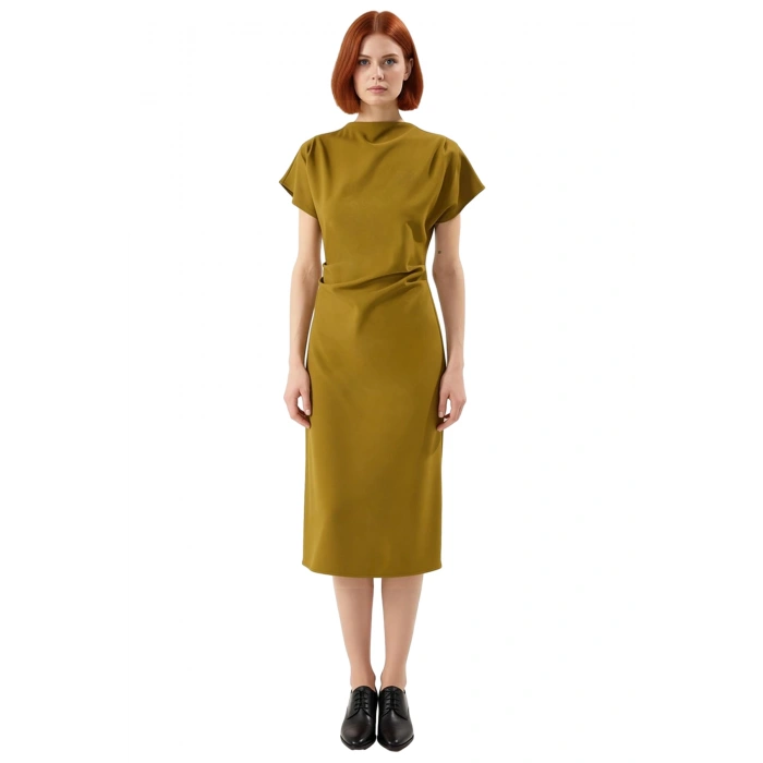 Kadınlar İçin A Kesim Düz Desen Midi Elbise Düşük Kol Ve Büzgü Detaylı Finike Dokuma Zarif