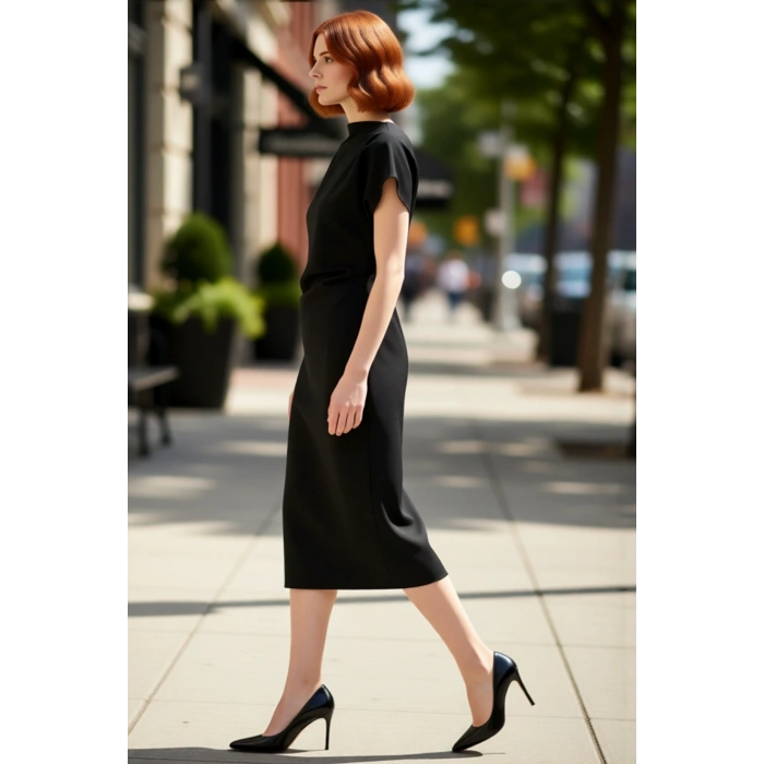 Kadınlar İçin A Kesim Düz Desen Midi Elbise Düşük Kol Ve Büzgü Detaylı Finike Dokuma Zarif