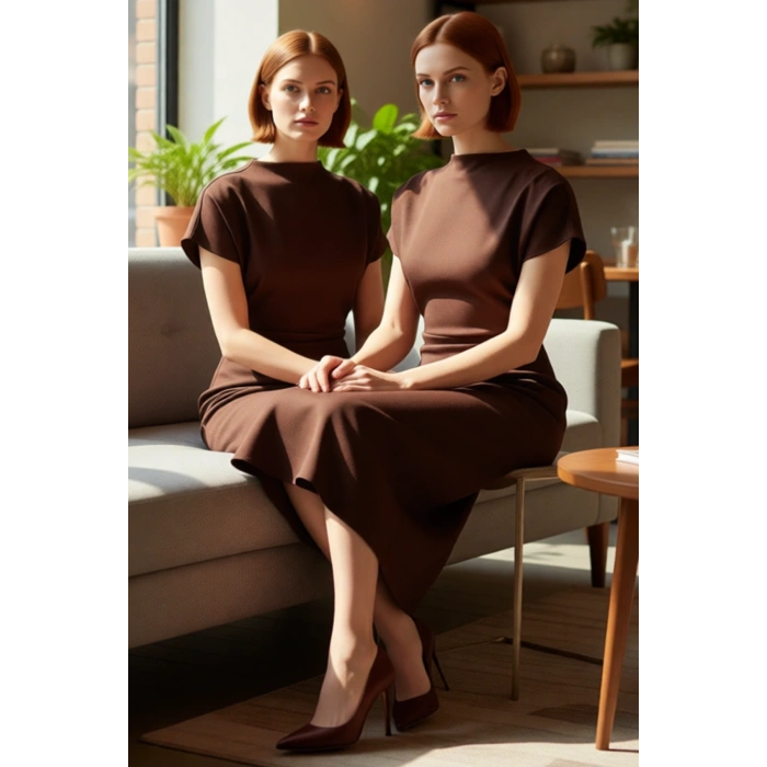 Kadınlar İçin A Kesim Düz Desen Midi Elbise Düşük Kol Ve Büzgü Detaylı Finike Dokuma Zarif