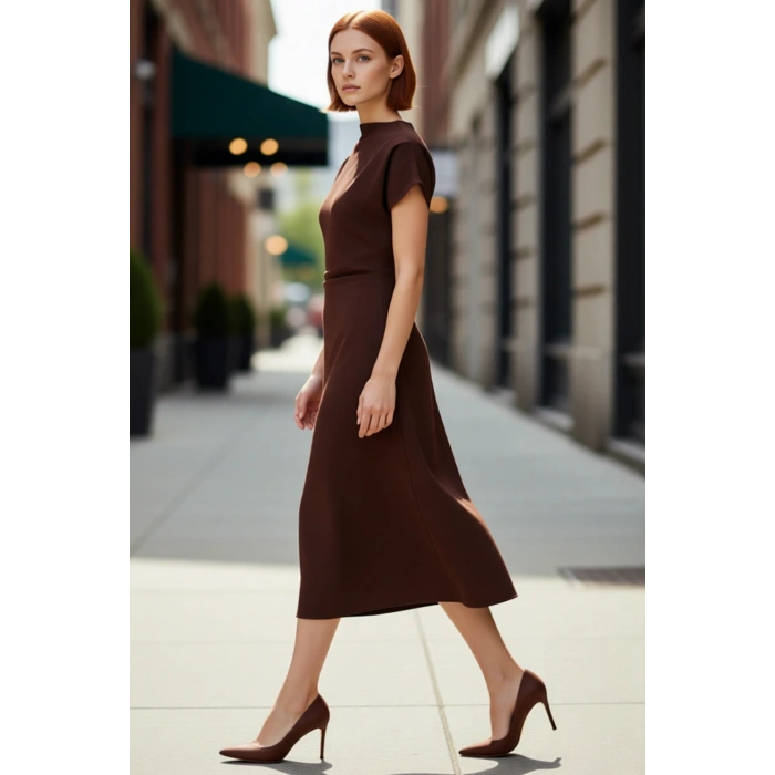 Kadınlar İçin A Kesim Düz Desen Midi Elbise Düşük Kol Ve Büzgü Detaylı Finike Dokuma Zarif