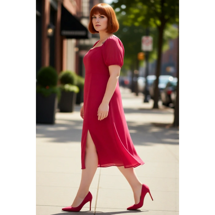 Kadınlar İçin A Line Kare Yaka Midi Boy Balon Kol Astarlı Şık Dokuma Yırtmaçlı Büyük Beden Elbise