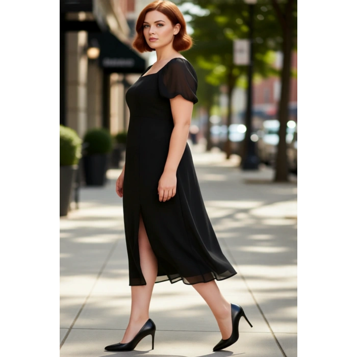 Kadınlar İçin A Line Kare Yaka Midi Boy Balon Kol Astarlı Şık Dokuma Yırtmaçlı Büyük Beden Elbise