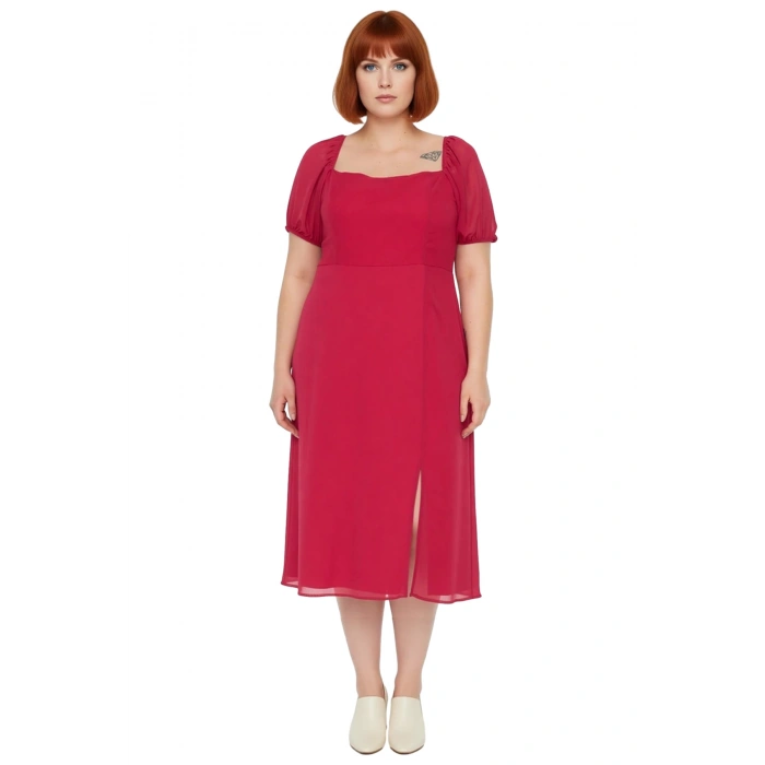 Kadınlar İçin A Line Kare Yaka Midi Boy Balon Kol Astarlı Şık Dokuma Yırtmaçlı Büyük Beden Elbise