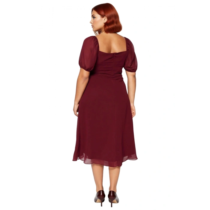 Kadınlar İçin A Line Kare Yaka Midi Boy Balon Kol Astarlı Şık Dokuma Yırtmaçlı Büyük Beden Elbise