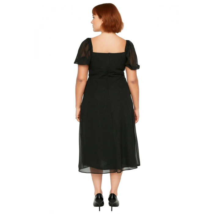 Kadınlar İçin A Line Kare Yaka Midi Boy Balon Kol Astarlı Şık Dokuma Yırtmaçlı Büyük Beden Elbise