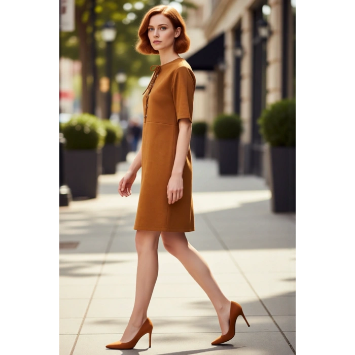 Kadınlar İçin A line Kesim Bağlama Detaylı Süet Dokulu Bisiklet Yaka Kısa Mini Elbise Şıklığı