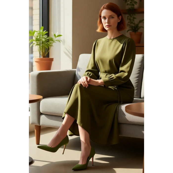 Kadınlar İçin A Line Kesim Bisiklet Yaka Uzun Kollu Maxi Boy Kuşaklı Önü Parçalı Dokuma Elbise