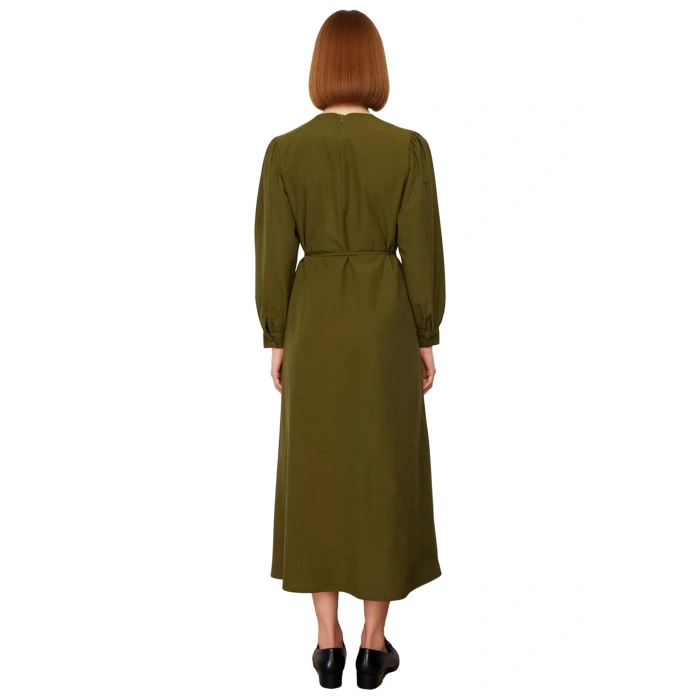 Kadınlar İçin A Line Kesim Bisiklet Yaka Uzun Kollu Maxi Boy Kuşaklı Önü Parçalı Dokuma Elbise