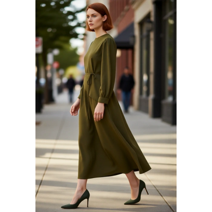 Kadınlar İçin A Line Kesim Bisiklet Yaka Uzun Kollu Maxi Boy Kuşaklı Önü Parçalı Dokuma Elbise